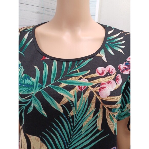 Lavish Womens Black Ruched Short Sleeve Top Floral Tropical Sz L - Picture 2 of 9